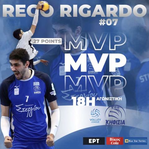 O Ρέγκο Ρικάρντο Τζούνιορ Αλεξάντερ MVP Βίκος Cola της 18ης αγωνιστικής Volley League 2023-24