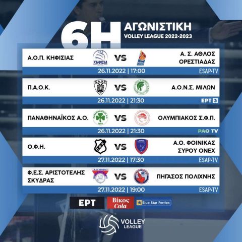 Το πρόγραμμα και η T.V. της 6ης αγωνιστικής της Volleyleague