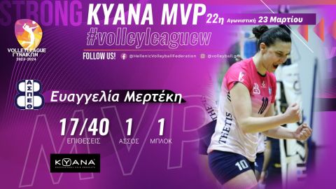 Η Ευαγγελία Μερτέκη KYANA MVP της 22ης αγωνιστικής της Volley League Γυναικών